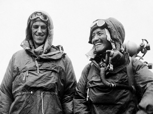 Sardar Tenzing Norgay, right, of Nepal and Edmund P. Hillary of New Zealand, left, show the kit they wore when conquering the world's highest peak, the Mount Everest, on May 29, at the British Embassy in Katmandu, capital of Nepal, on June 26, 1953. Edmund Hillary, with Sherpa Tenzing Norgay, reached the 29,035-foot summit of Everest on May 29, 1953, becoming the first person to stand atop the world's highest mountain. Hillary died Jan. 11, 2008 of a heart attack at age 88. (AP Photo)