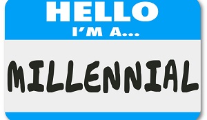 Hello I'm a Millennial words on a nametag or sticker to illustrate a young person in the demographic group interested in mobile technology, texting and social networking